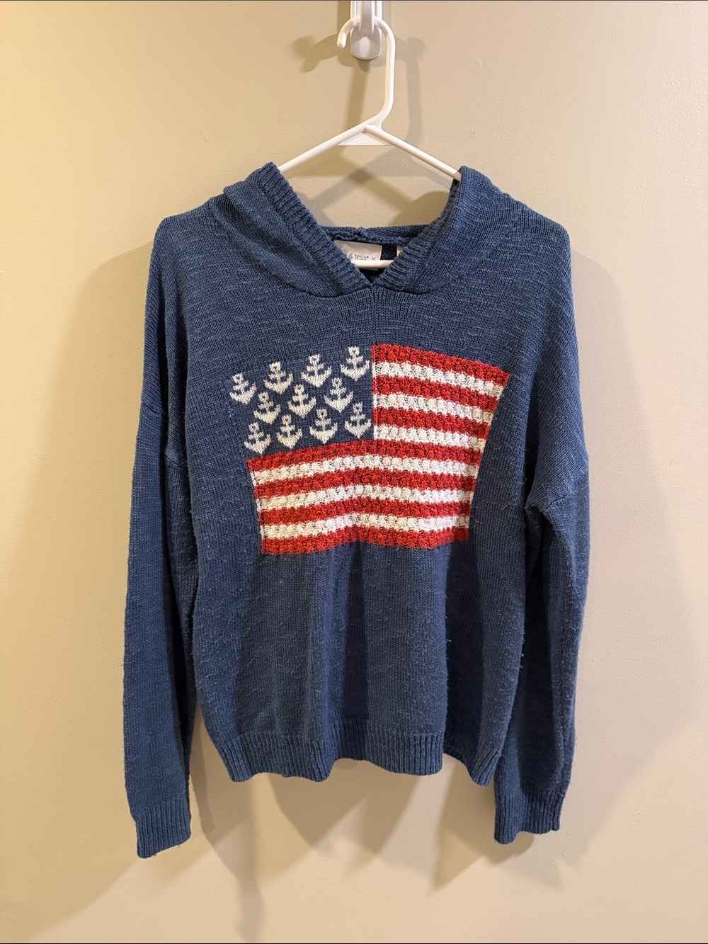 Blue Hooded Knit Sweater with Flag Motif and Anchor Details